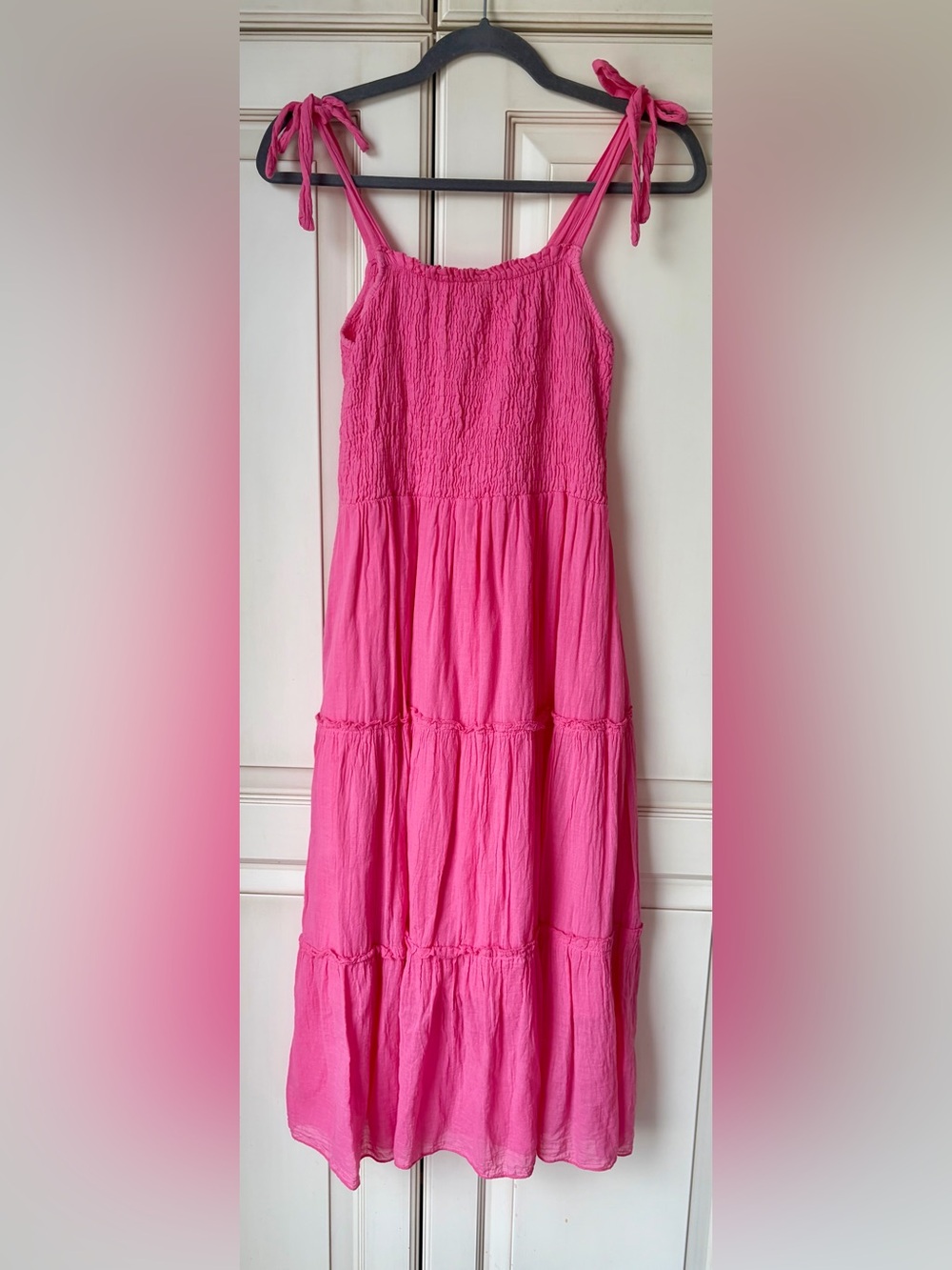 Tie-Shoulder Pink Tiered Maxi Dress Smocked Bodice. Cotton Made Italy M-L